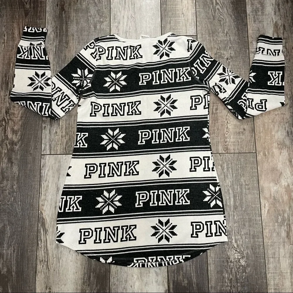 Victorias Secret PINK Thermal Sleep Pajama Top Black White Snowflake Lounge Med